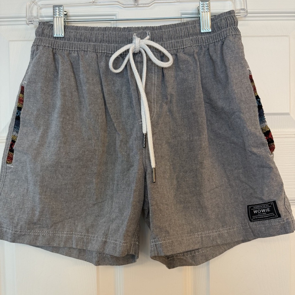 Wowie Shorts Mens Small Gray Tribal Aztec Trim Drawstring Cotton Blend Outdoor